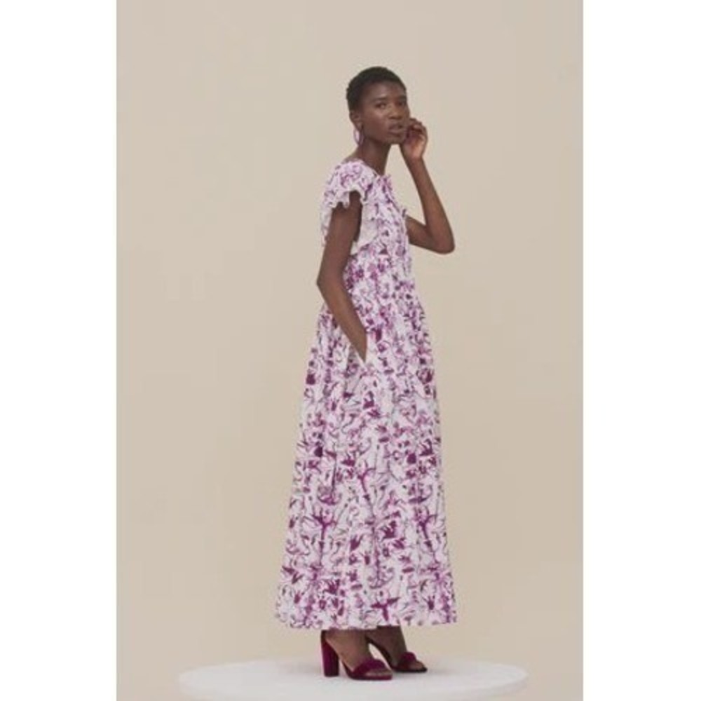 Patou White Purple Toile Flutter Sleeve Maxi Dress Size 36 or US Size 2 - Picture 6 of 14